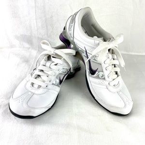 Women's Nike Shox, white with purple, black, & silver accents, size 10.5